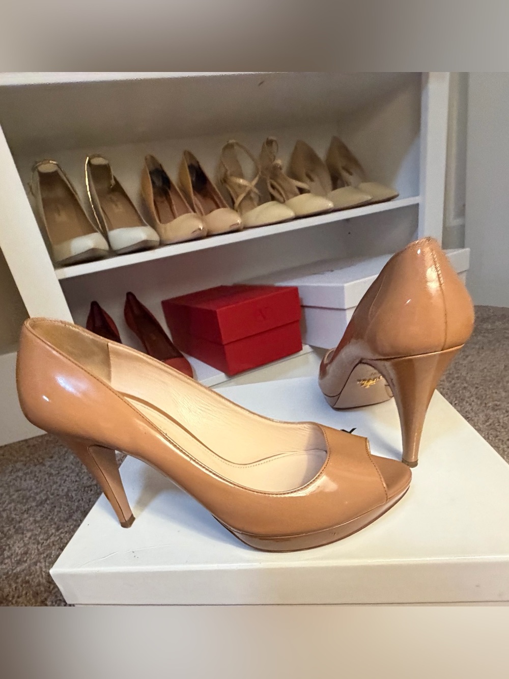 Authentic Prada Nude Patent Leather Peep-Toe Pumps Heels EU 38.5/ US 8